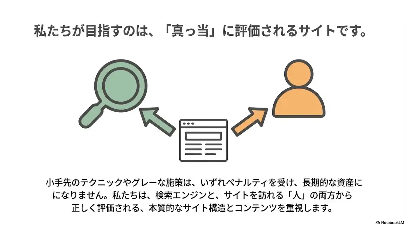 私たちが目指すのは、「真っ当」に評価されるサイトです。 小手先のテクニックやグレーな施策は、いずれペナルティを受け、長期的な資産になりません。私たちは、検索エンジンと、サイトを訪れる「人」の両方から正しく評価される、本質的なサイト構造とコンテンツを重視します。