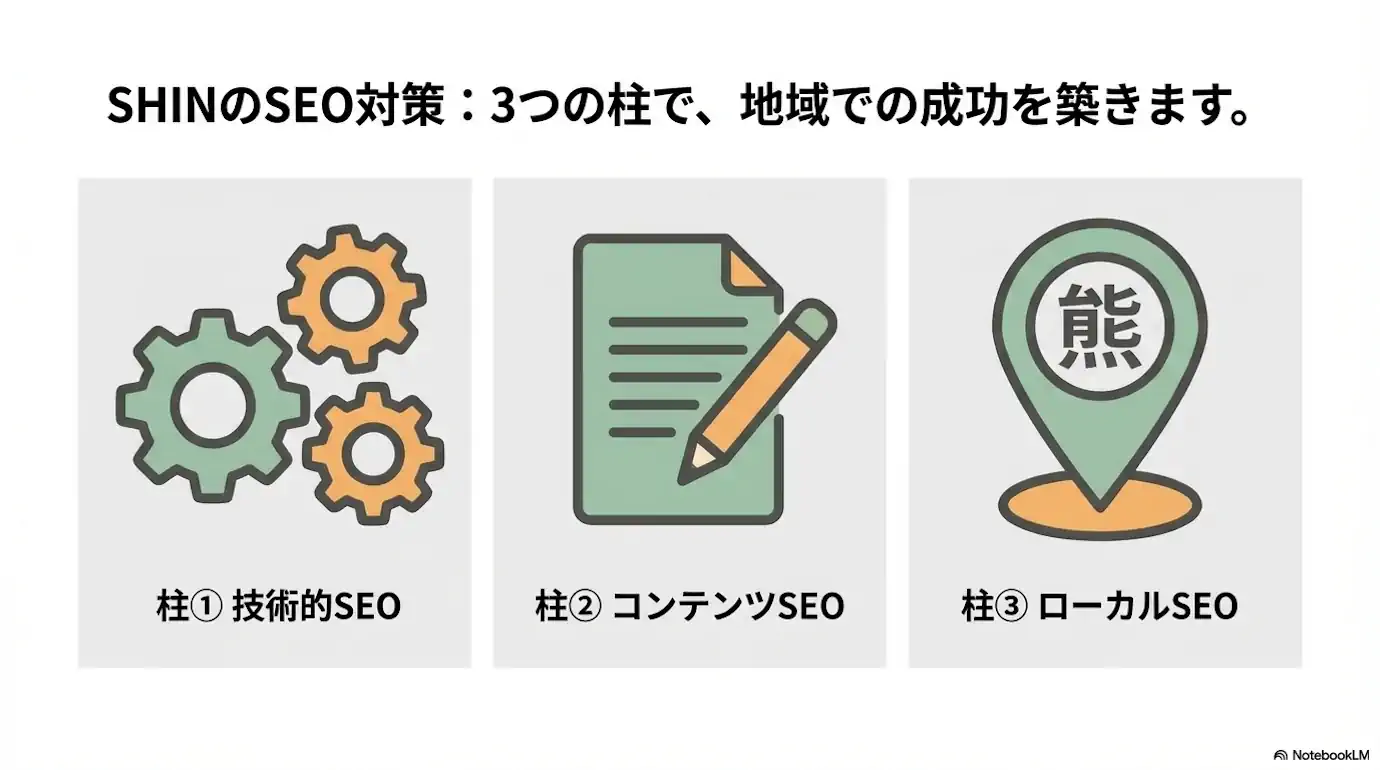 SHINのSEO対策：3つの柱で、地域での成功を築きます。 柱1：技術的SEO 柱2：コンテンツSEO 柱3：ローカルSEO