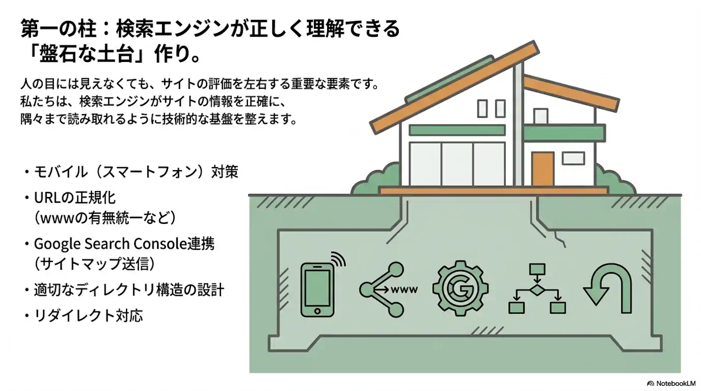 第一の柱：検索エンジンが正しく理解できる「盤石な土台」作り。 人の目には見えなくても、サイトの評価を左右する重要な要素です。 私たちは、検索エンジンがサイトの情報を正確に、隅々まで読み取れるように技術的な基盤を整えます。（モバイル対策／URLの正規化／Google Search Console連携／適切なディレクトリ構造の設計／リダイレクト対応