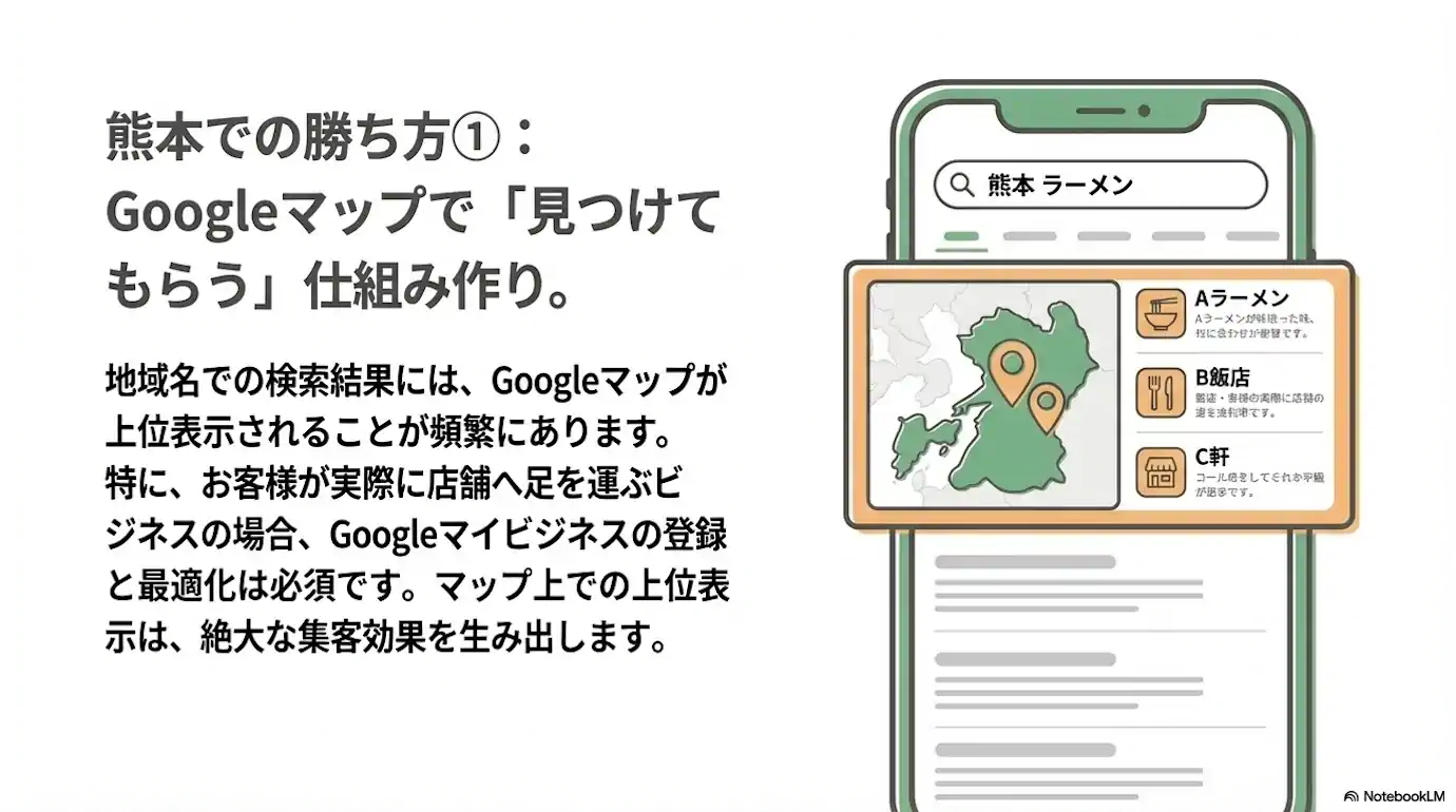 熊本での勝ち方1：Googleマップで「見つけてもらう」仕組み作り。 地域名での検索結果には、Googleマップが上位表示されることが頻繁にあります。 特に、お客様が実際に店舗へ足を運ぶビジネスの場合、Googleマイビジネスの登録と最適化は必須です。 マップ上での上位表示は、絶大な集客効果を生み出します。