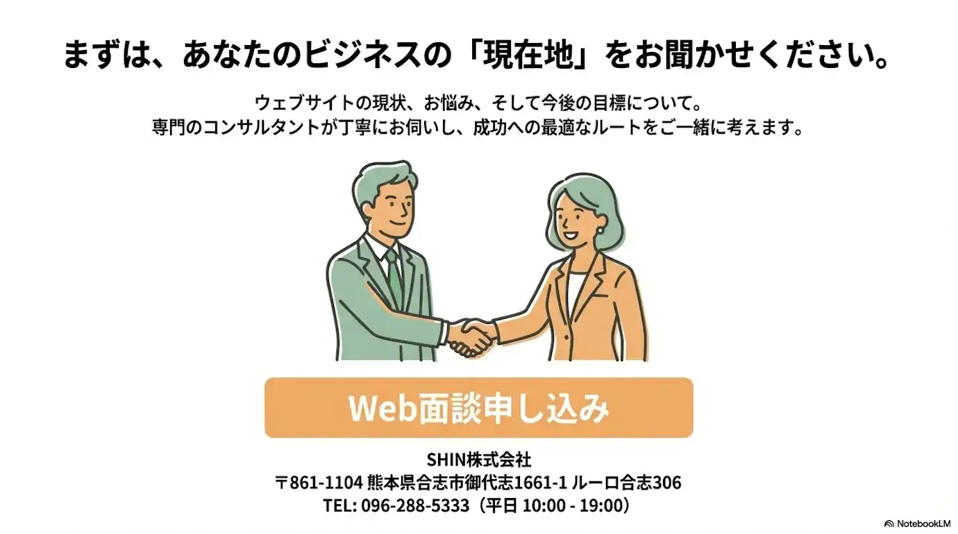 まずは、あなたのビジネスの「現在地」をお聞かせください。 ウェブサイトの現状、お悩み、そして今後の目標について。 専門のコンサルタントが丁寧にお伺いし、成功への最適なルートをご一緒に考えます。 [Web面談申し込みはこちら]